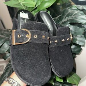 French connection Black Suede Women's Mules with Gold Buckle